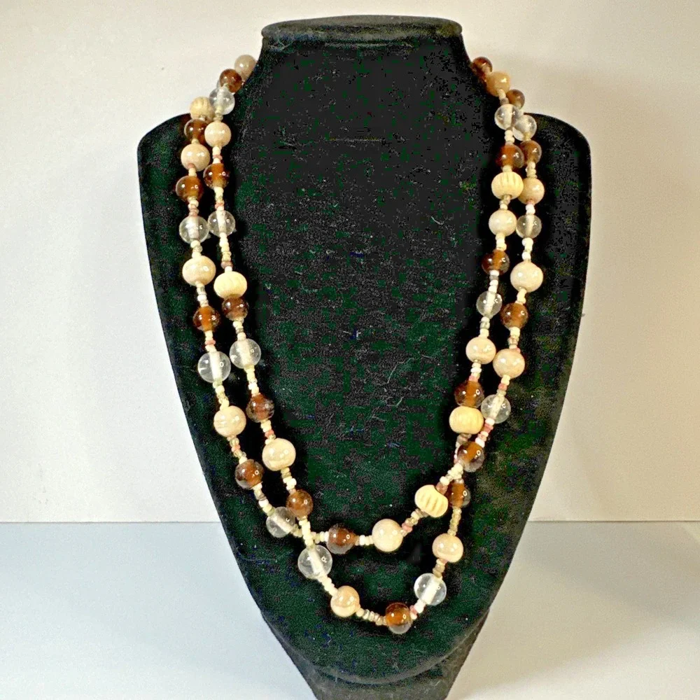 Vintage Boho Statement Necklace 42 Inch Over Head Carved Wood Bead Artisan